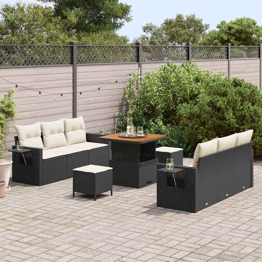 Conjunto de Sofá de Jardim com almofada 9 pcs Preto e creme