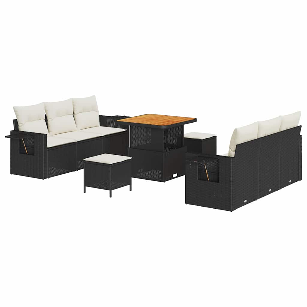 Conjunto de Sofá de Jardim com almofada 9 pcs Preto e creme