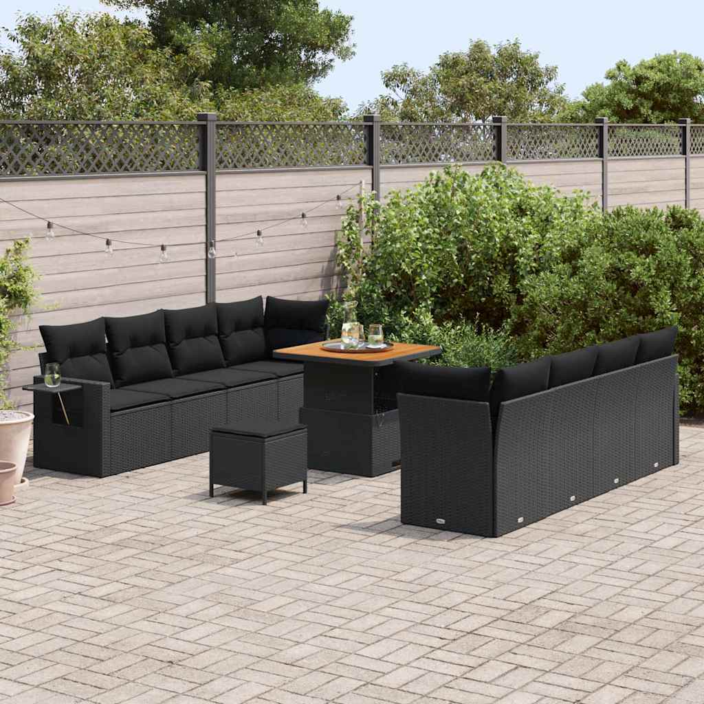 Conjunto de Sofá de Jardim com almofada 11 pcs Preto vime PE
