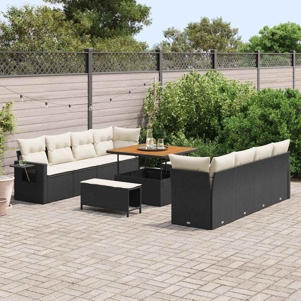 Conjunto de Sofá de Jardim 11 pcs Preto e Creme vime PE