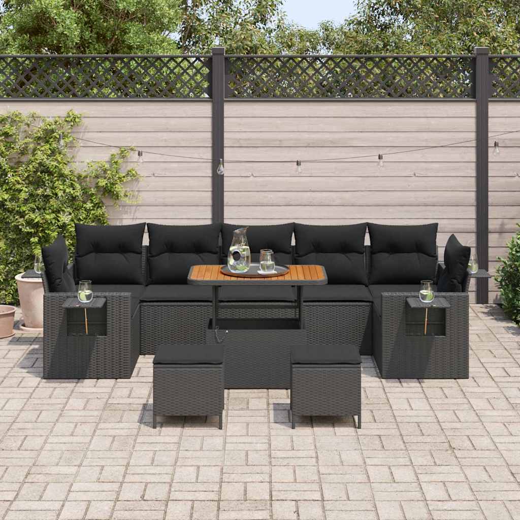 Conjunto de Sofá de Jardim com almofada 10 pcs Preto vime PE