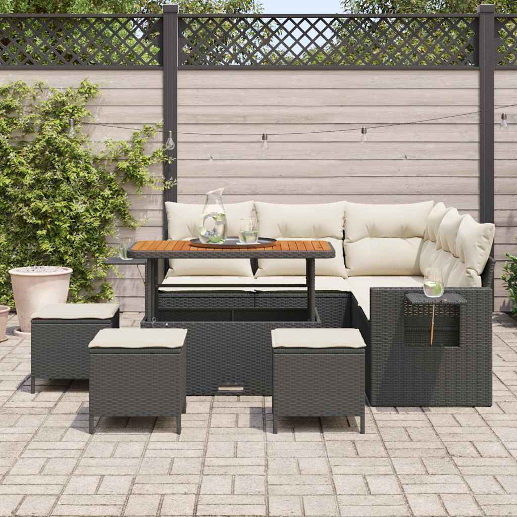Conjunto de Sofá de Jardim com almofada 9 pcs Preto e creme