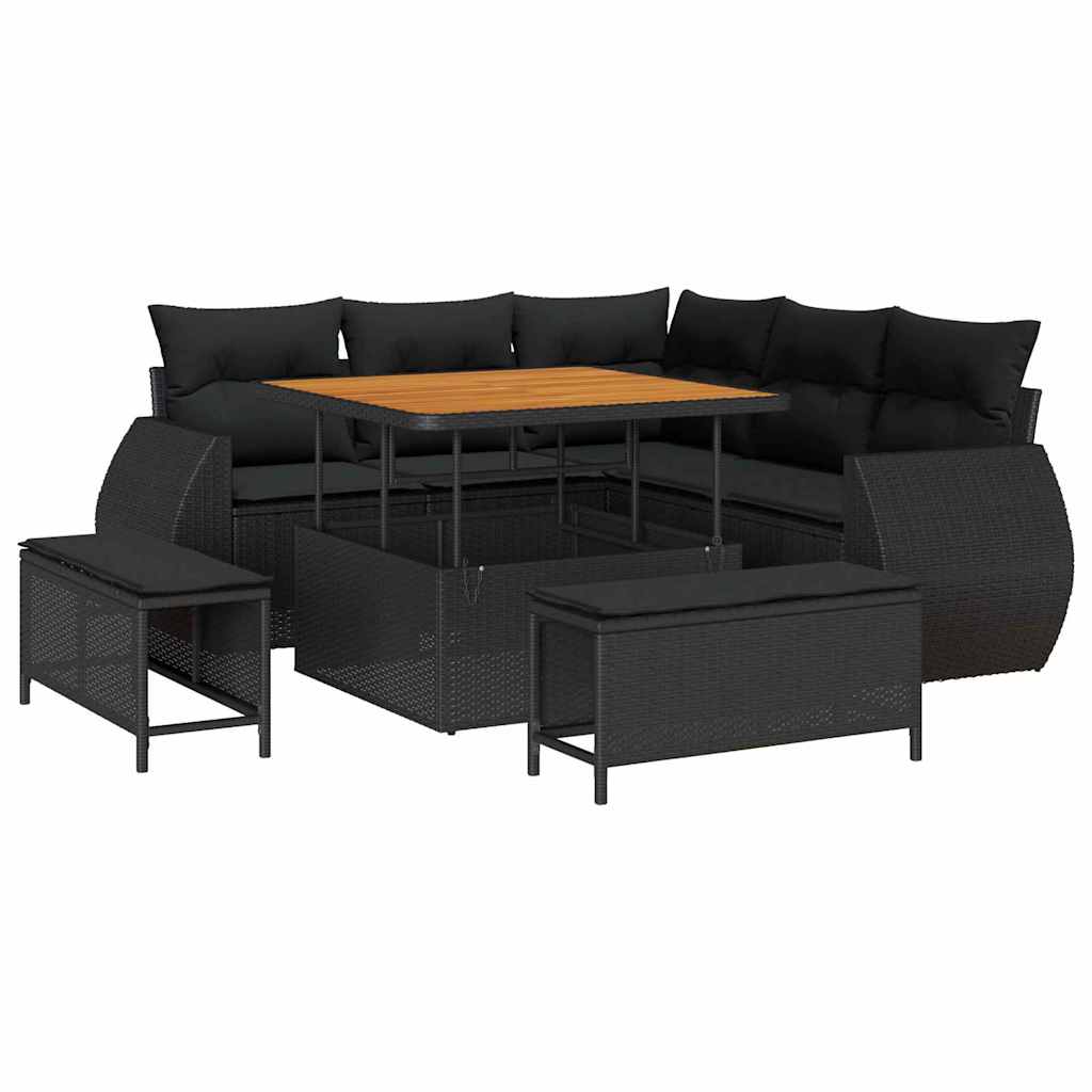 Conjunto de Sofá de Jardim com almofada 8 pcs Preto vime PE