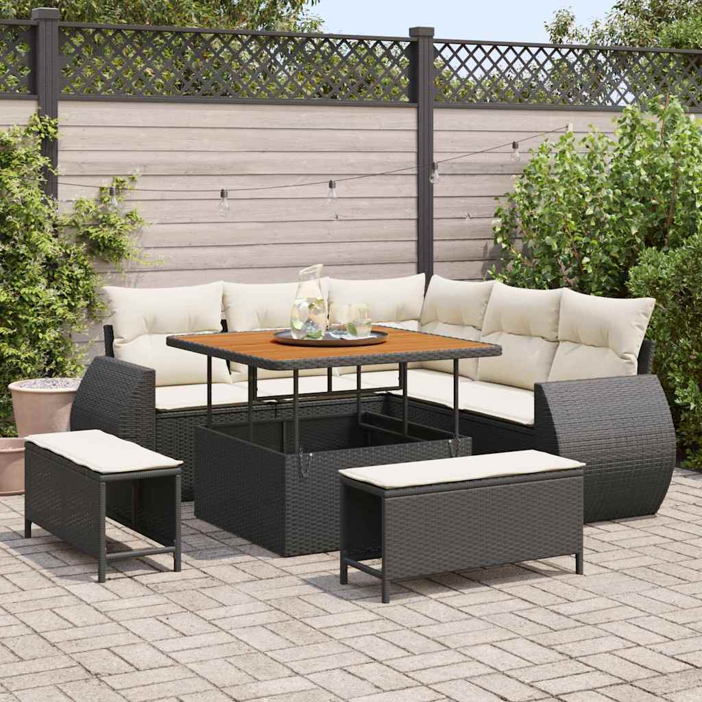 Conjunto de Sofá de Jardim 8 pcs Preto e Creme vime PE