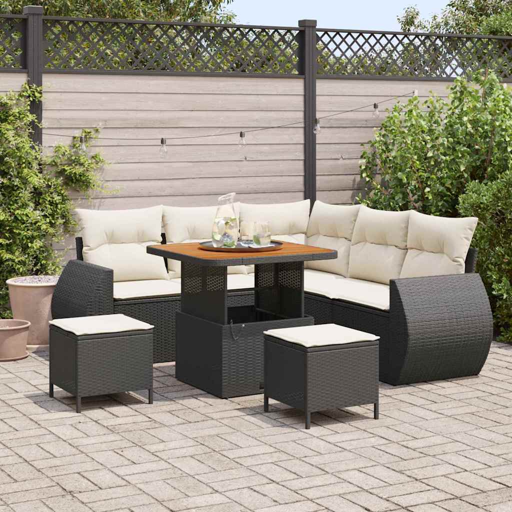 Conjunto de Sofá de Jardim 8 pcs Preto e Creme vime PE