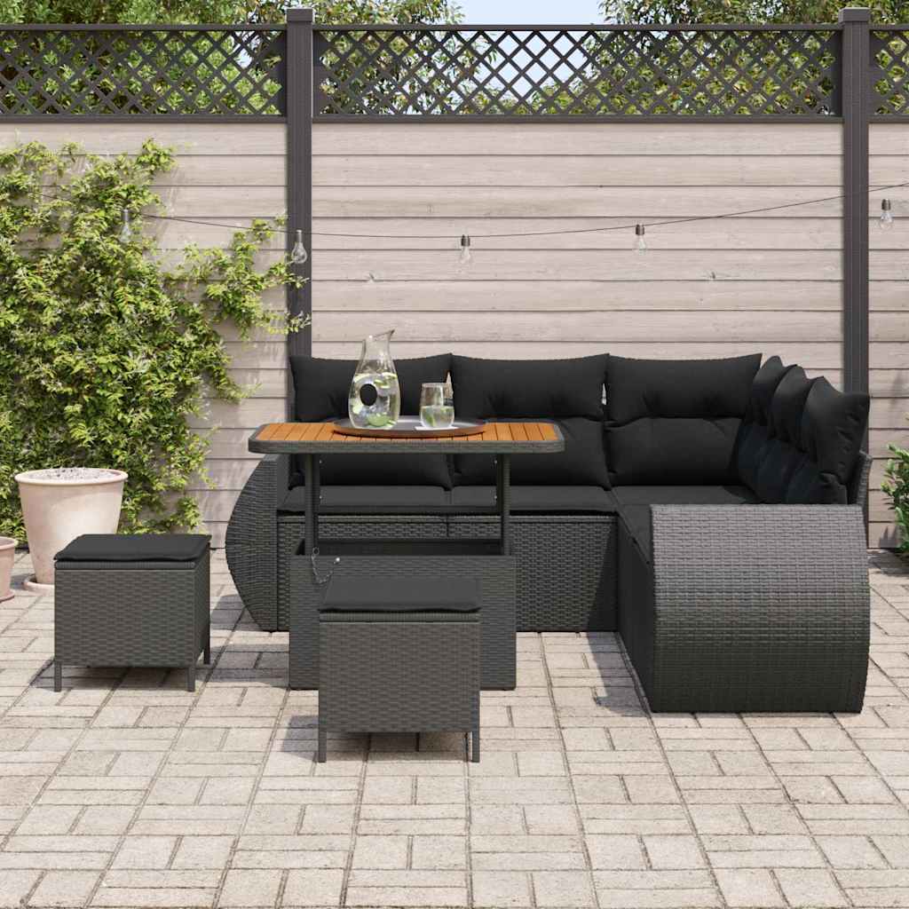 Conjunto de Sofá de Jardim com almofada 8 pcs Preto vime PE