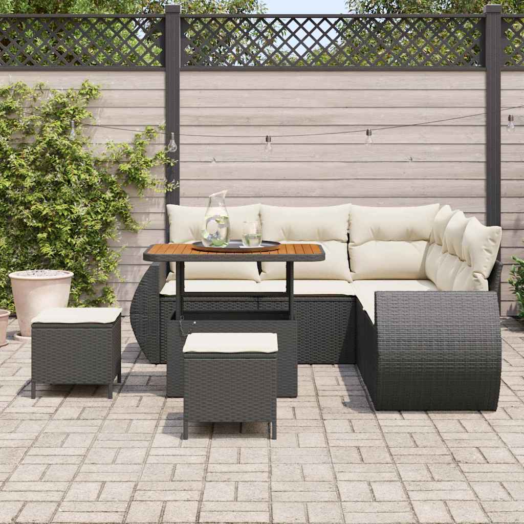 Conjunto de Sofá de Jardim 8 pcs Preto e Creme vime PE