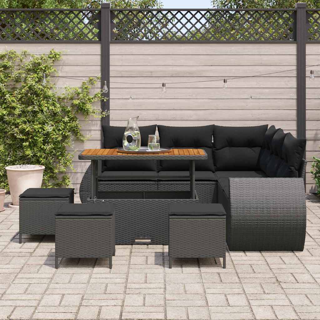 Conjunto de Sofá de Jardim com almofada 9 pcs Preto vime PE