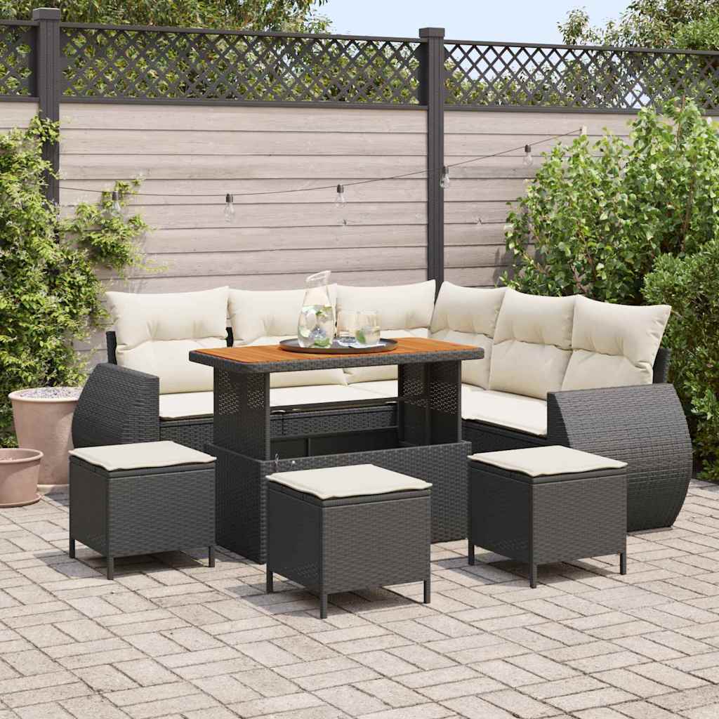 Conjunto de Sofá de Jardim 9 pcs Preto e Creme vime PE