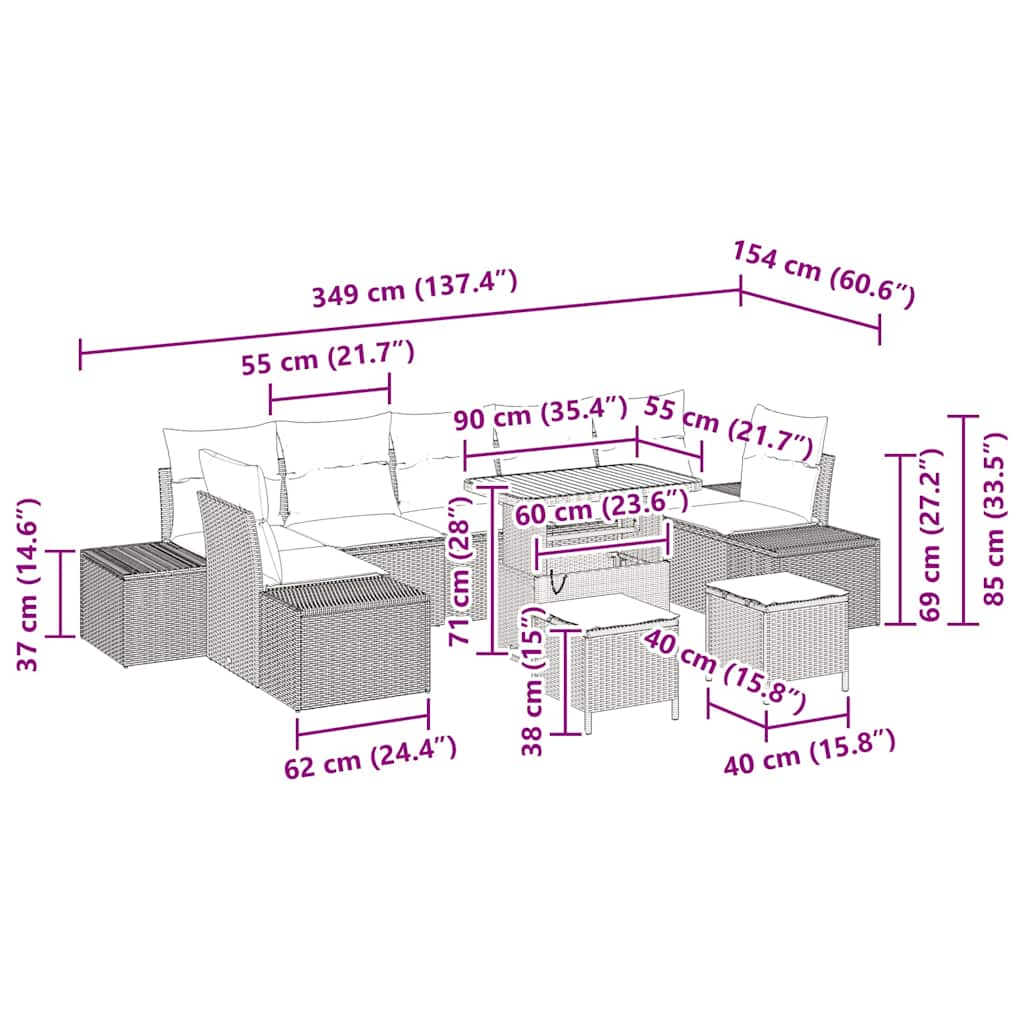 Conjunto de Sofá de Jardim com almofada 10 pcs Bege e Creme
