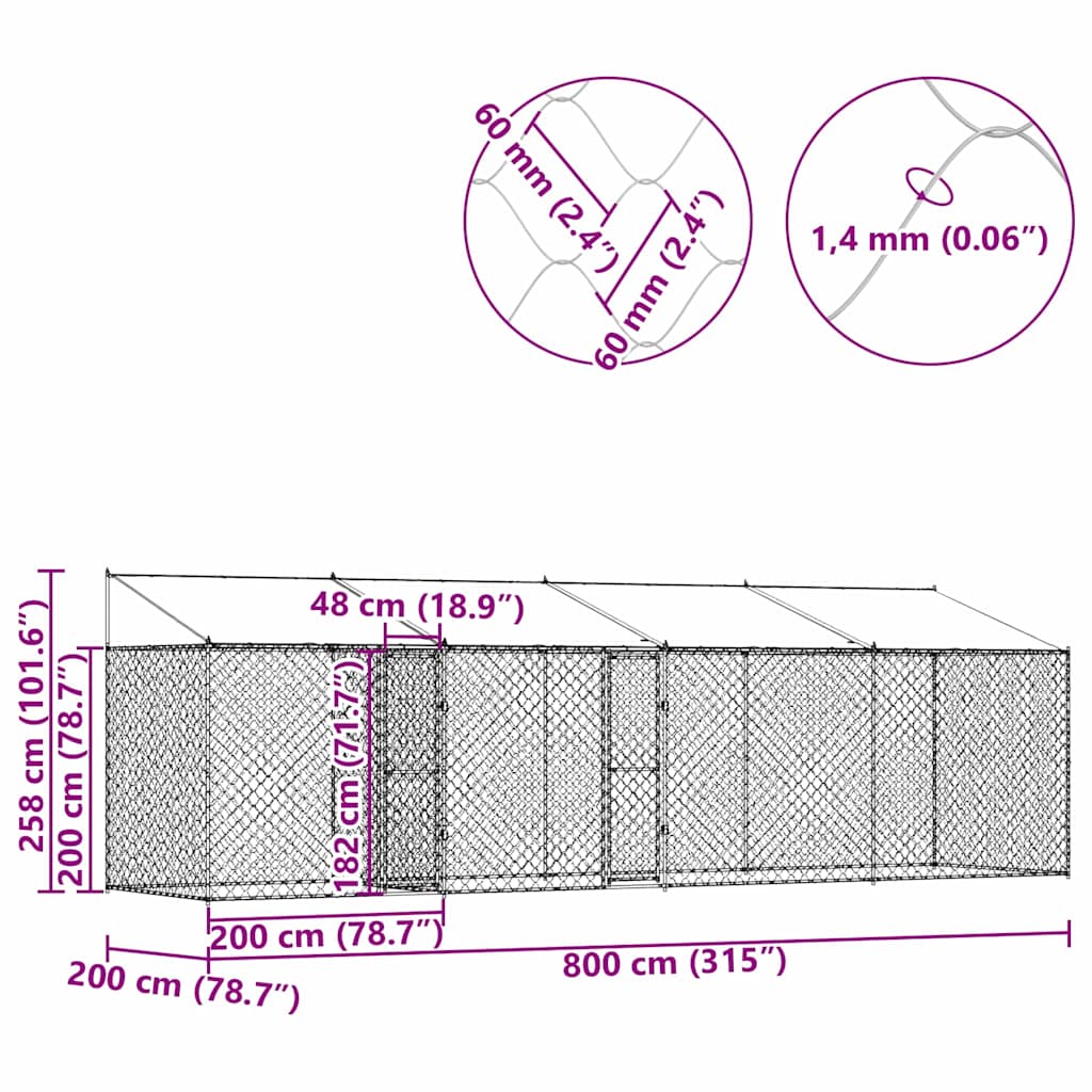 Jaula para cão Prateado 800 x 200 x 256 cm Aço Galvanizado