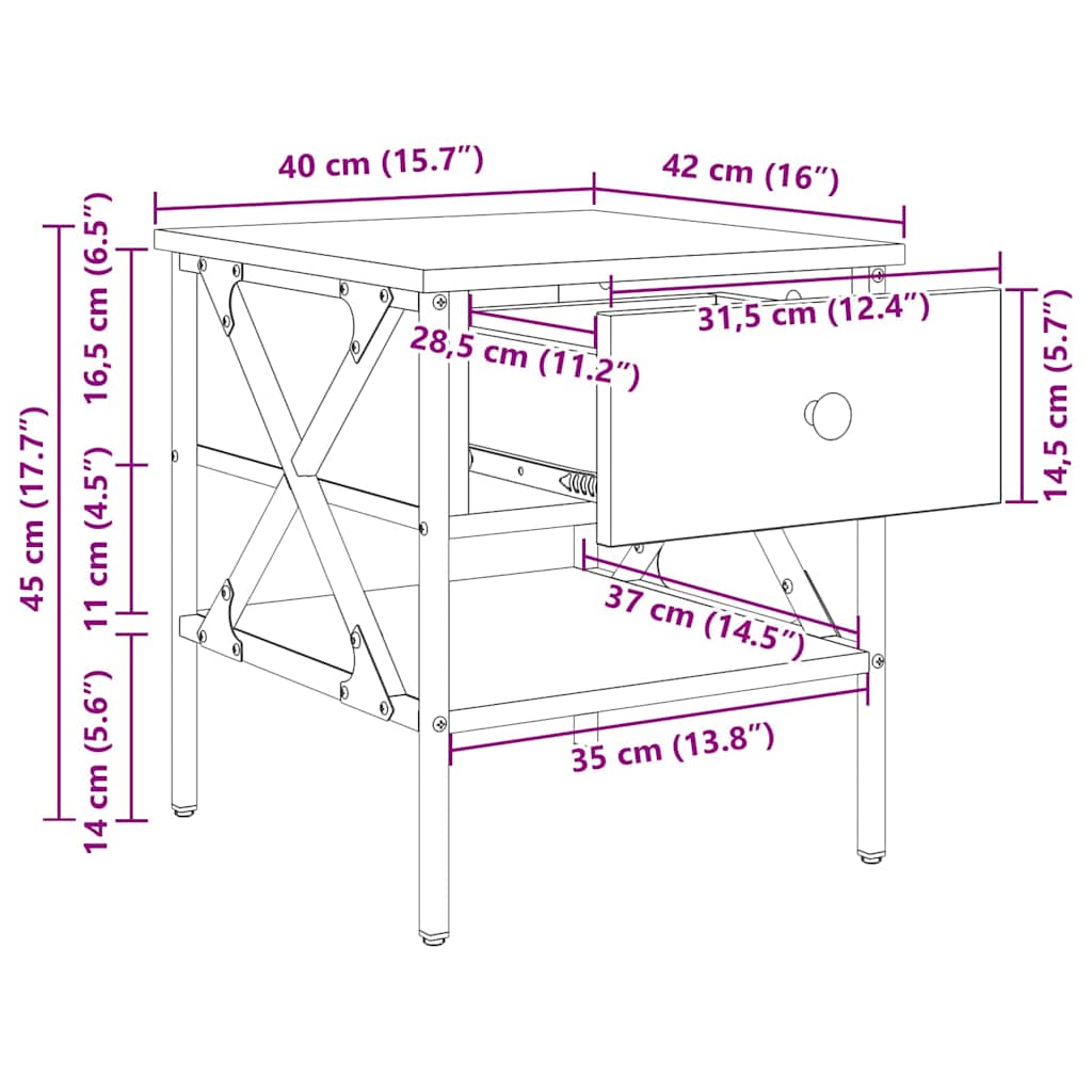 Armário de Cabeceira com gaveta Carvalho preto 40 x 42 x 45 cm