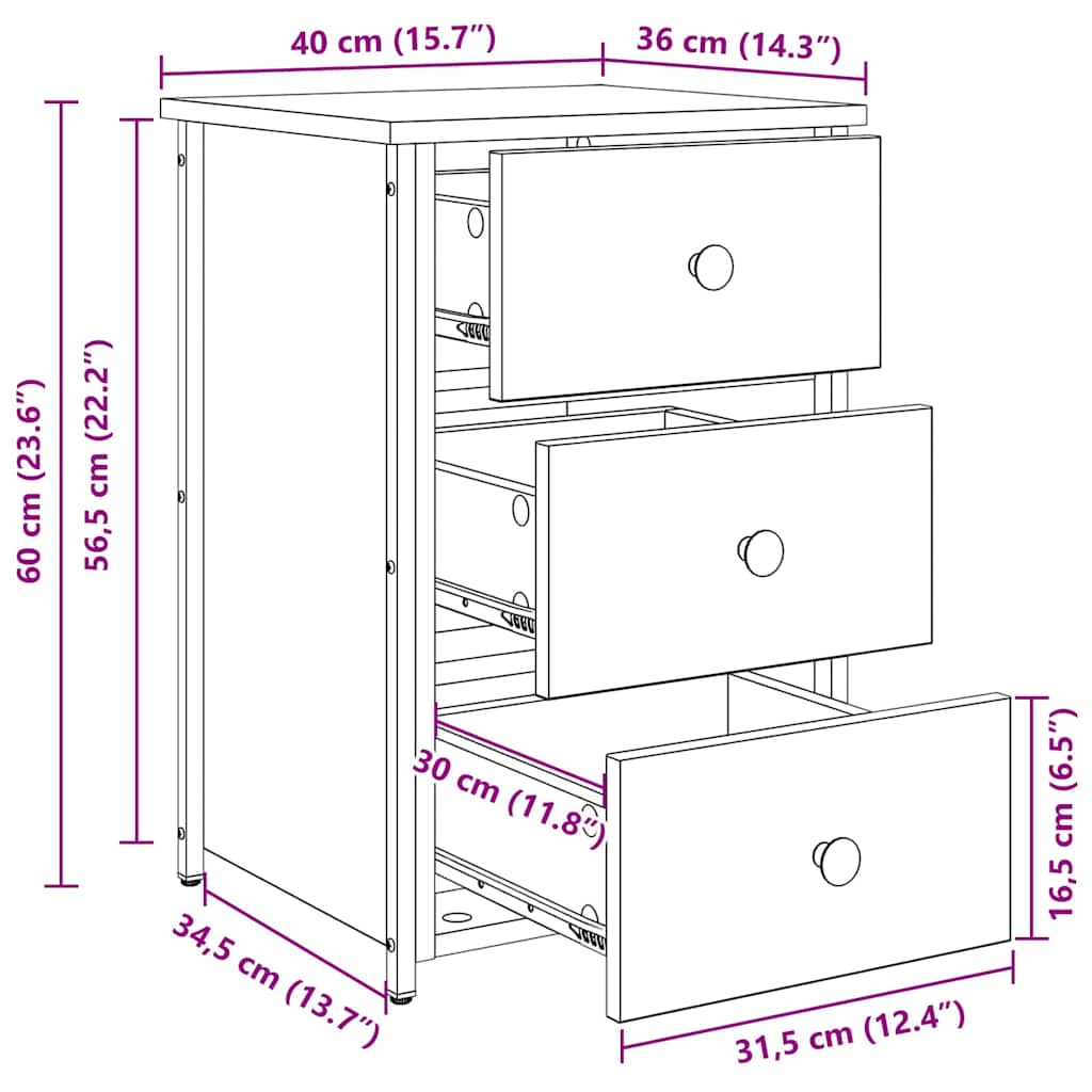 Armário de Cabeceira com gaveta Carvalho preto 40 x 36 x 60 cm