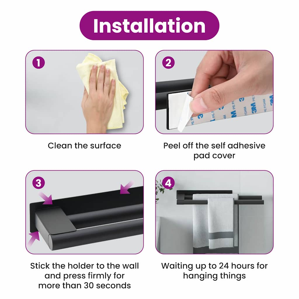 Suporte de Toalha Preto 40 x 9 x 4 cm Aço inoxidável