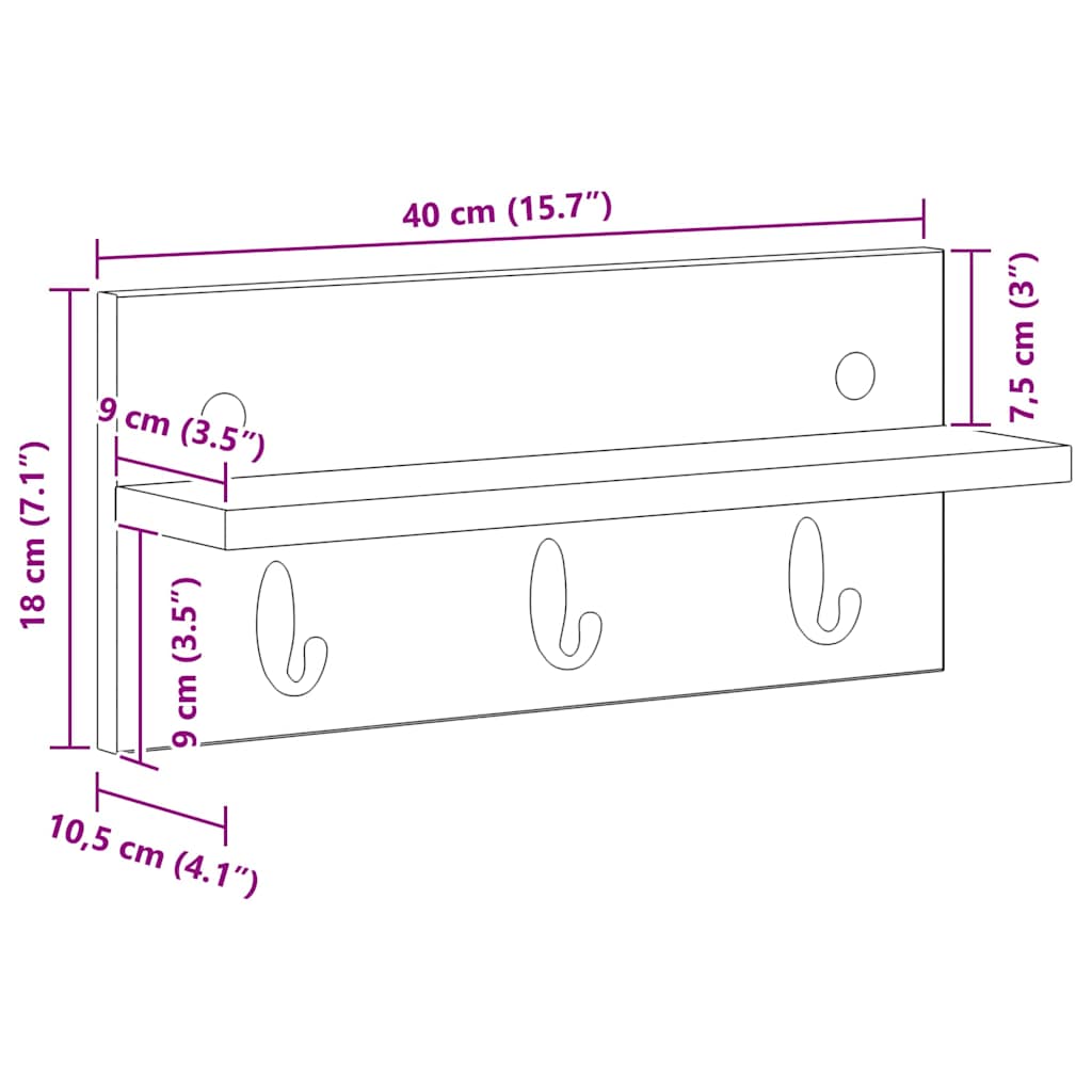 Cabideiro de Parede Sonoma cinzento 40 x 10.5 x 18 cm