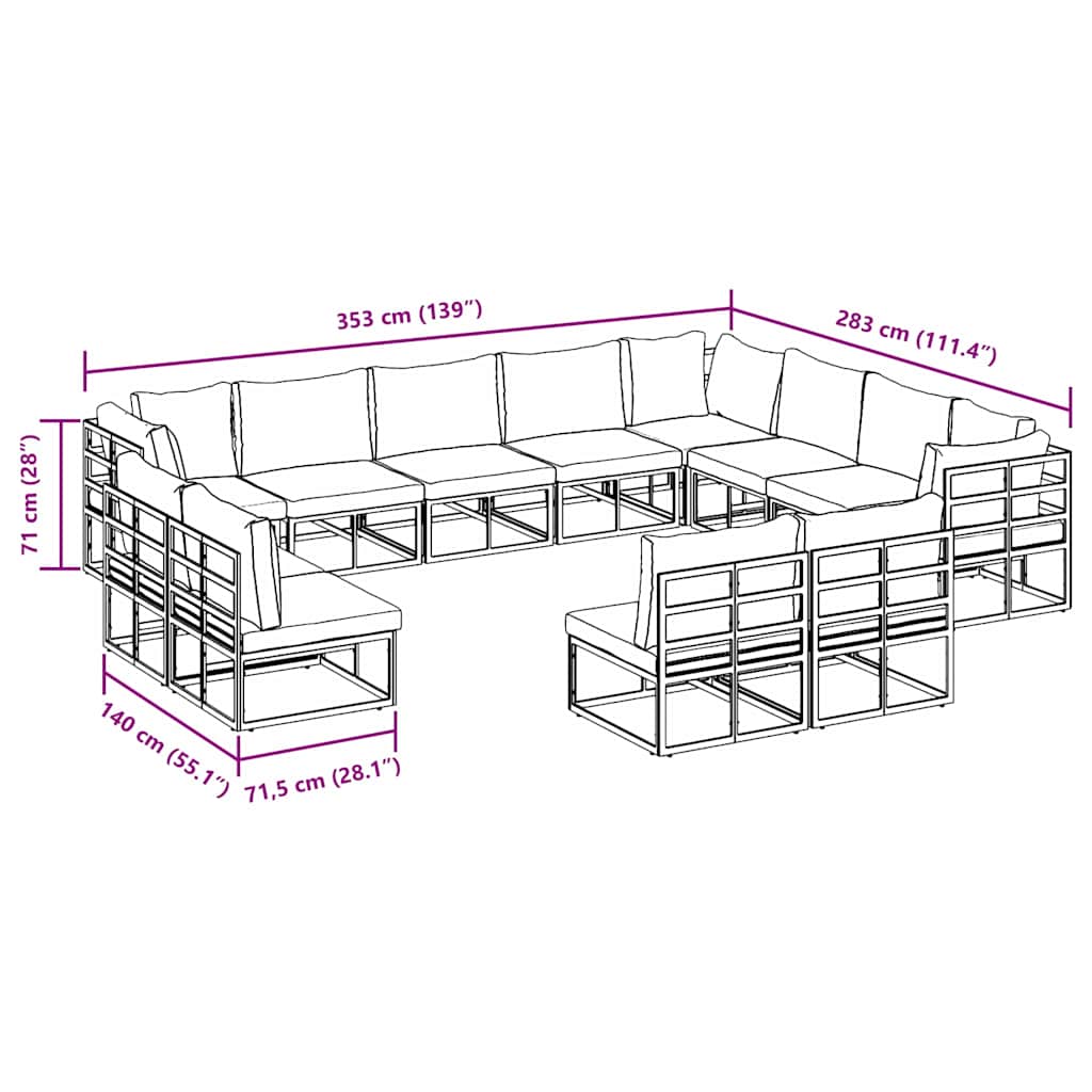Conjunto de Sofá de Jardim com almofada 12 pcs Preto Alumínio