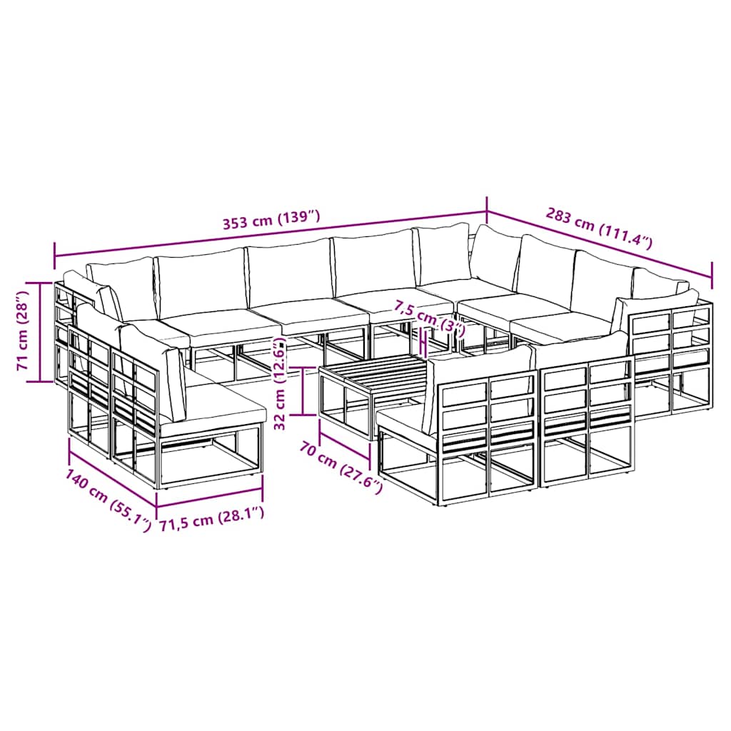 Conjunto de Sofá de Jardim com almofada 13 pcs Preto Alumínio