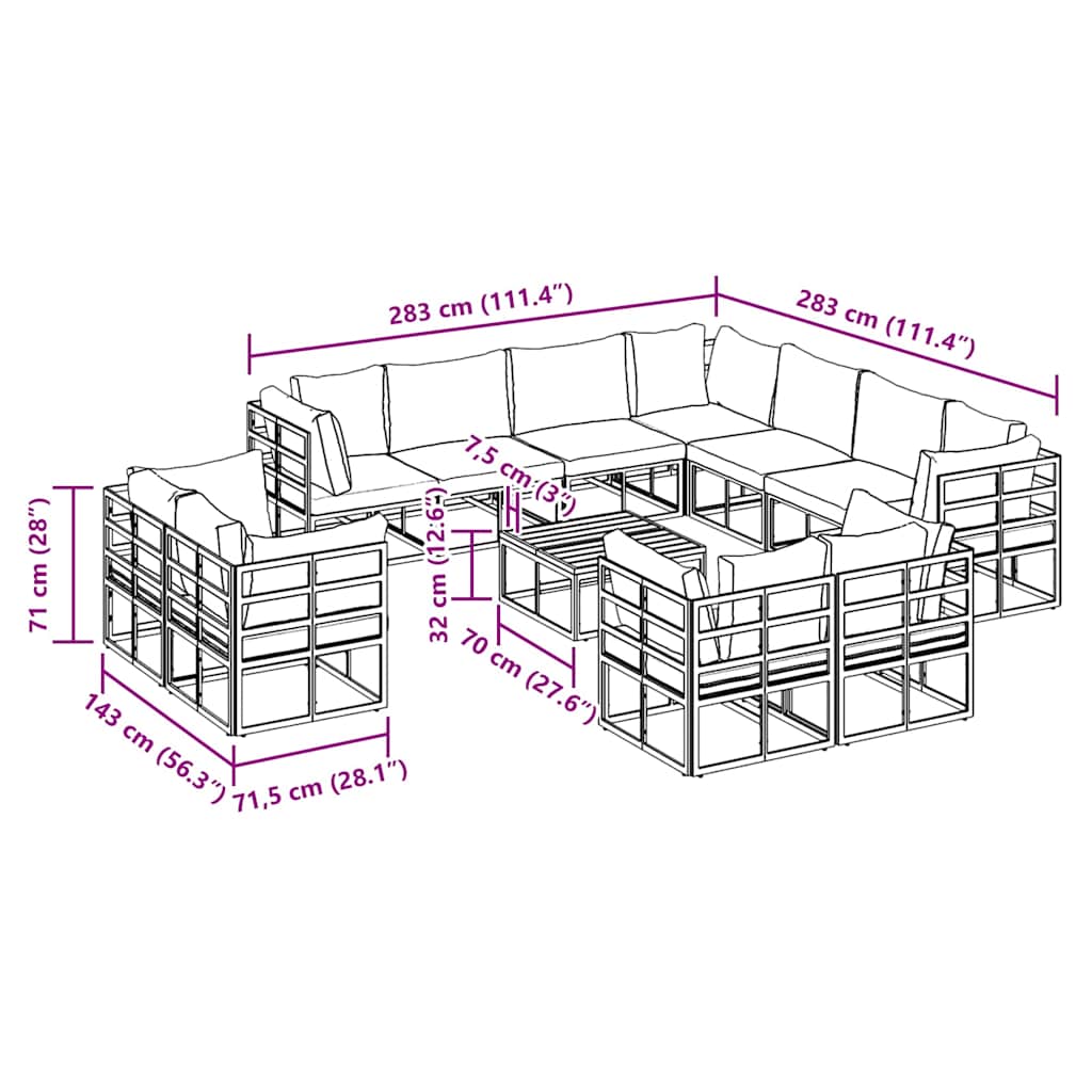 Conjunto de Sofá de Jardim com almofada 12 pcs Preto Alumínio