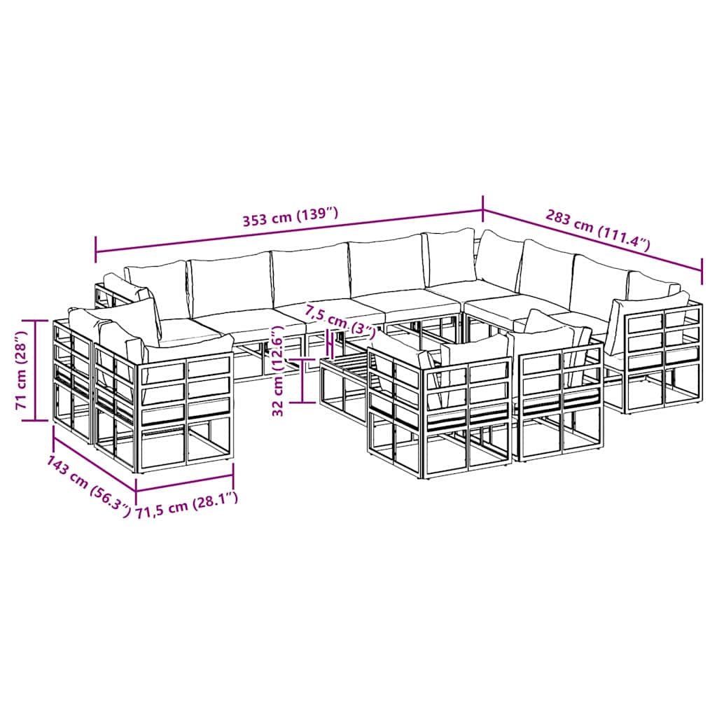 Conjunto de Sofá de Jardim com almofada 13 pcs