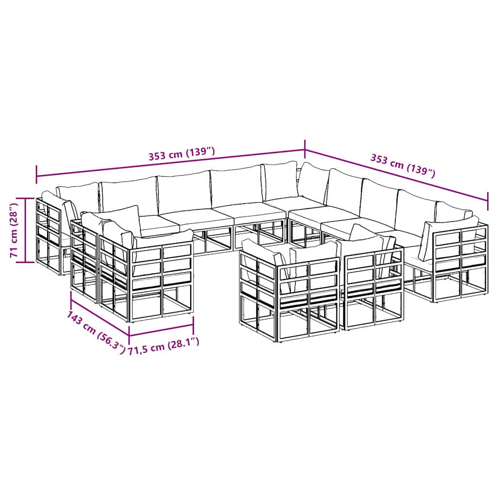 Conjunto de Sofá de Jardim com almofada 13 pcs Preto Alumínio