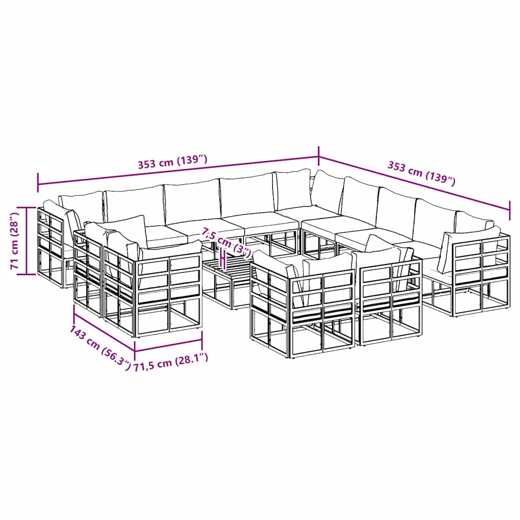 Conjunto de Sofá de Jardim com almofada 14 pcs Preto Alumínio