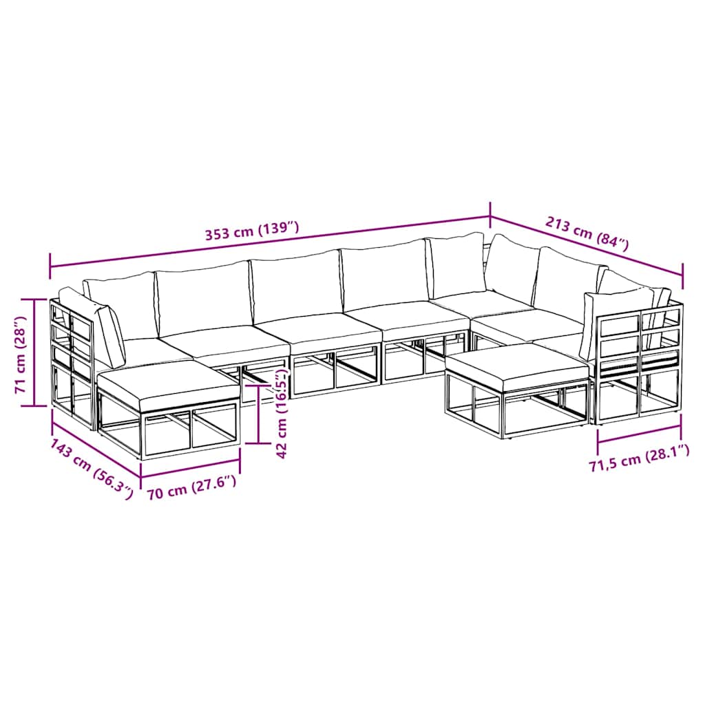 Conjunto de Sofá de Jardim 9 pcs Preto Alumínio