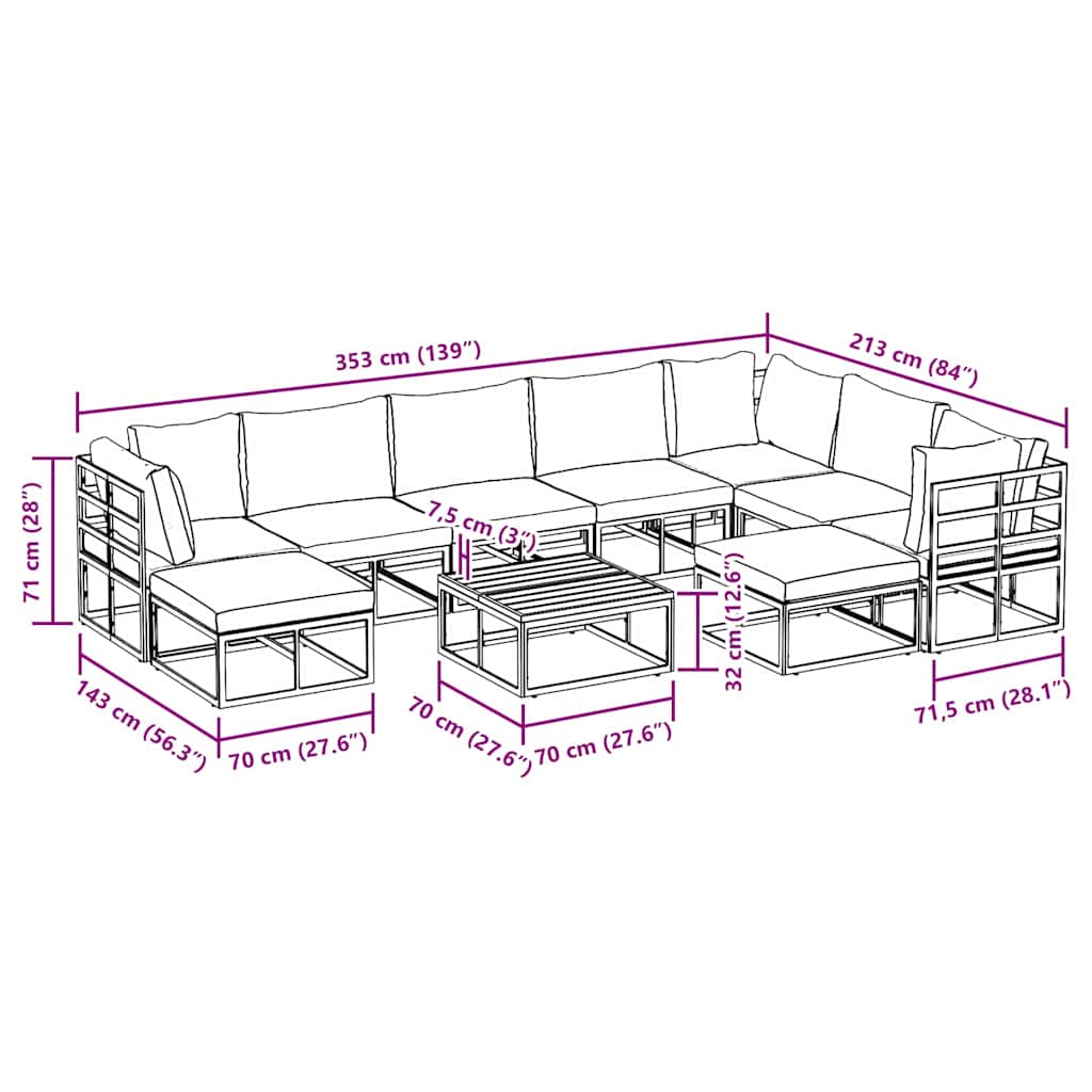 Conjunto de Sofá de Jardim 10 pcs Preto Alumínio