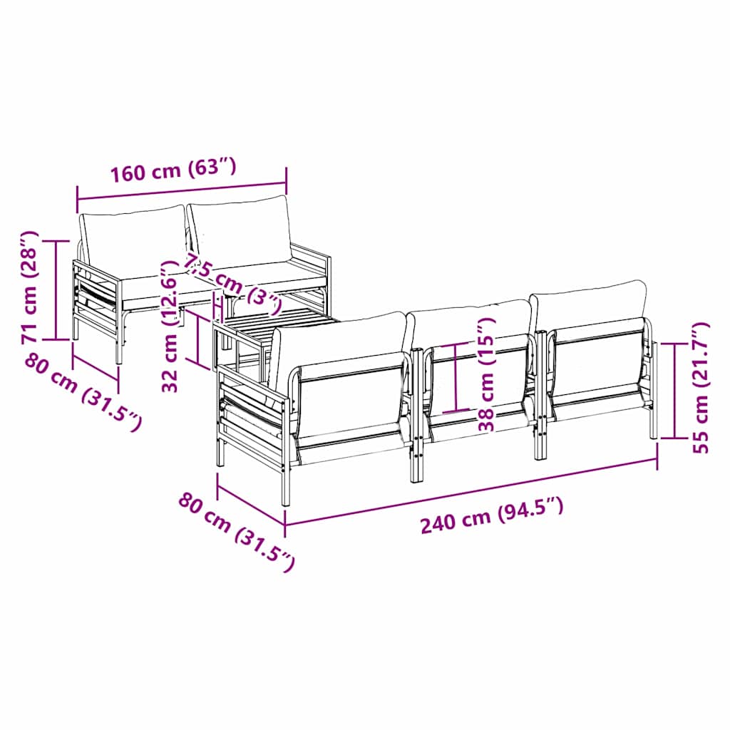 Conjunto de Sofá de Jardim 6 pcs Cinzento-escuro Aço & tecido