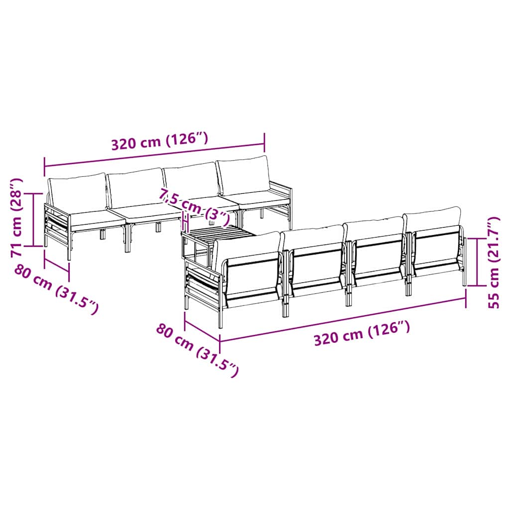 Conjunto de Sofá de Jardim 9 pcs Cinzento-escuro Aço & tecido