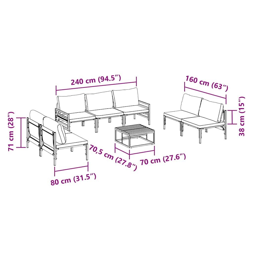 Conjunto de Sofá de Jardim 8 pcs Cinzento-escuro Aço