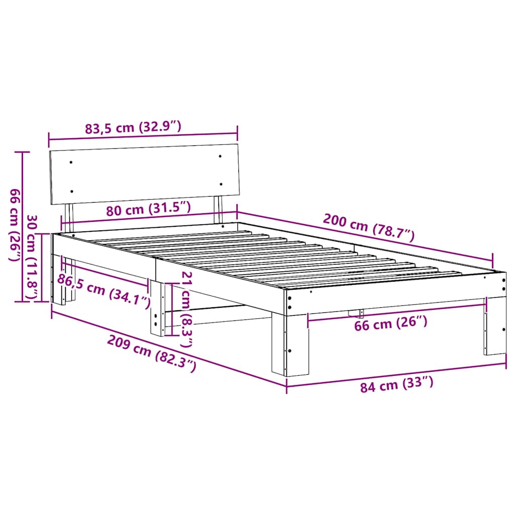 Estrutura da Cama com cabeceira Marrom Cera 80 x 200 cm