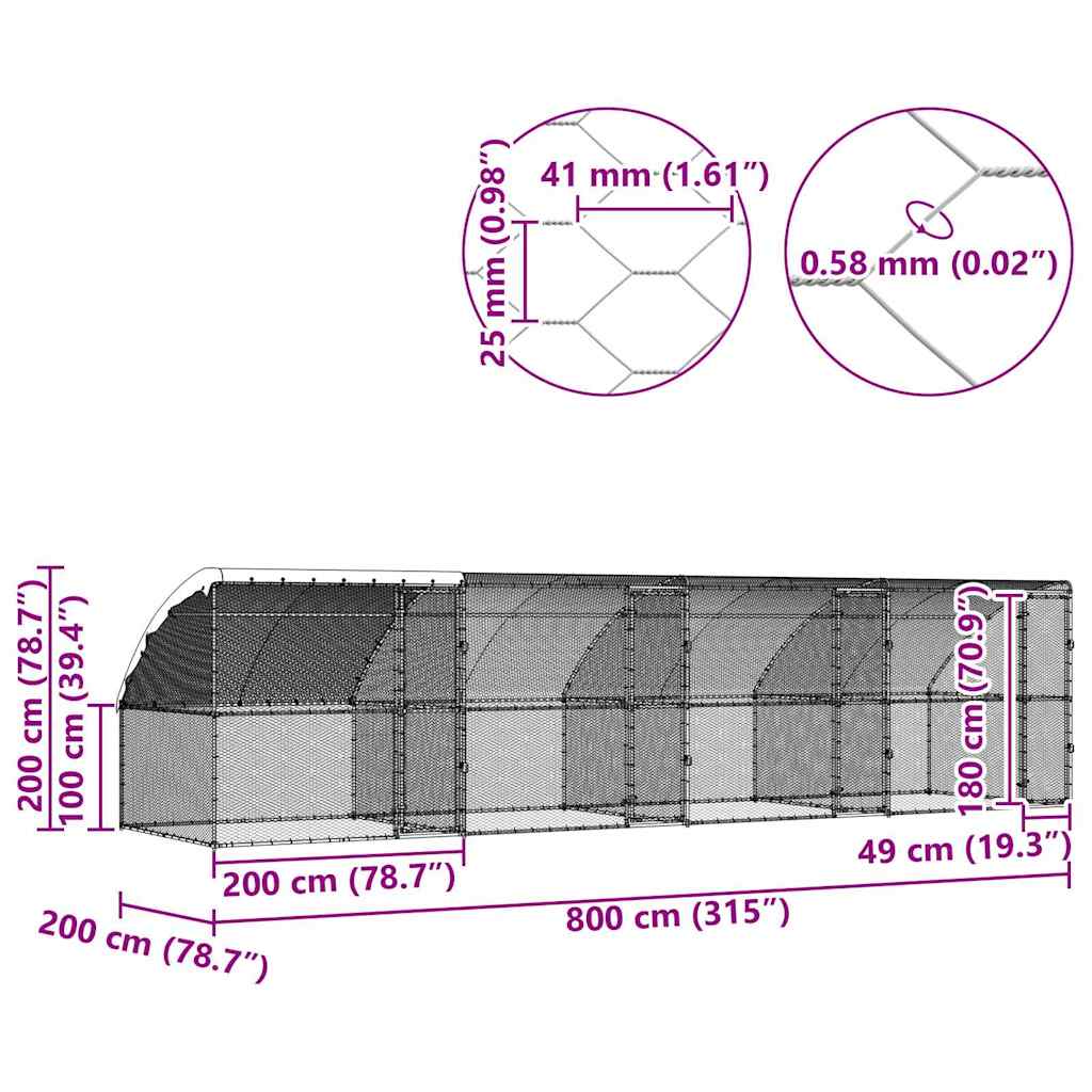 Gaiola para galinhas Prateado 800 x 200 x 198.5 cm
