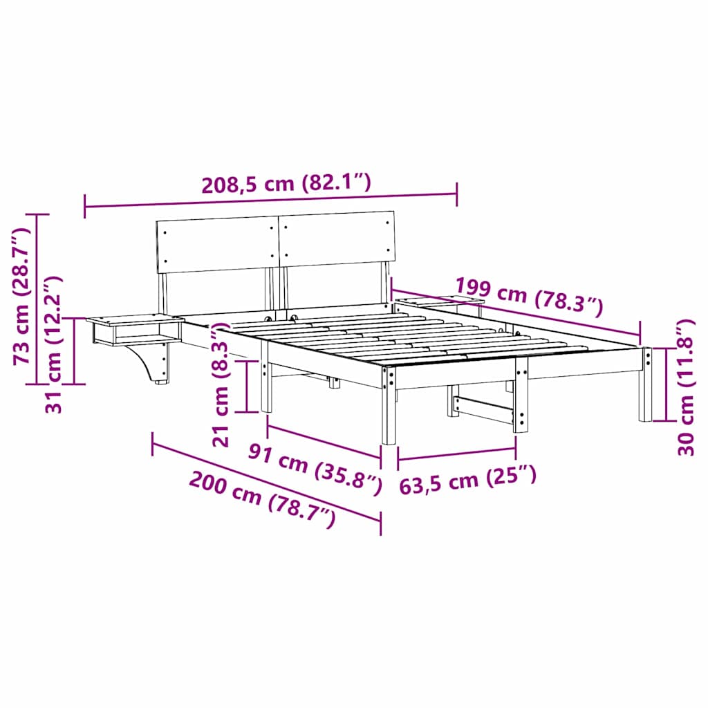 Estrutura de cama com mesas de cabeceira com cabeceira Castanho