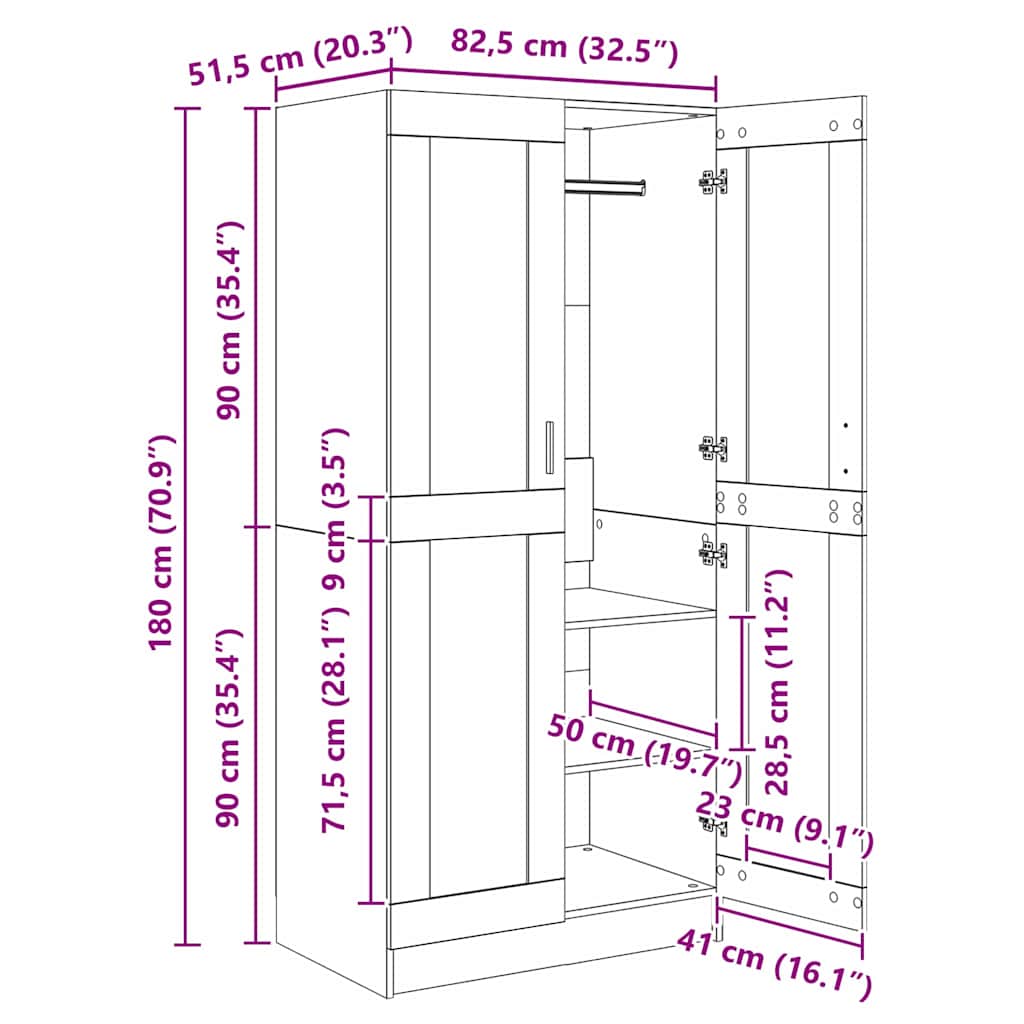 Guarda-roupa com prateleira artisian oak 82,5 x 51,5 x 180 cm