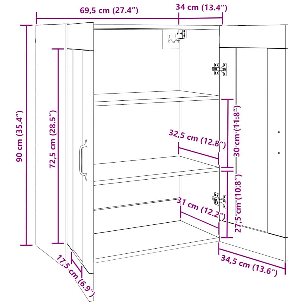 Armário de Parede Suspenso Castanho 69.5 x 34 x 90 cm