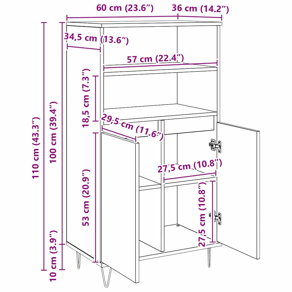 Buffê Preto 60 x 36 x 110 cm Madeira processada