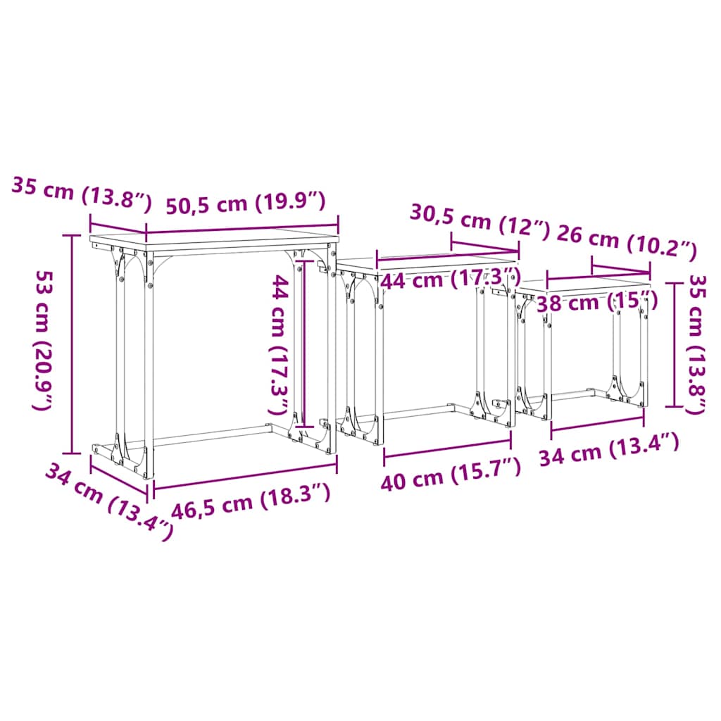 Mesa de Café Empilhável 3 pcs Madeira antiga 50.5 x 35 x 53 cm
