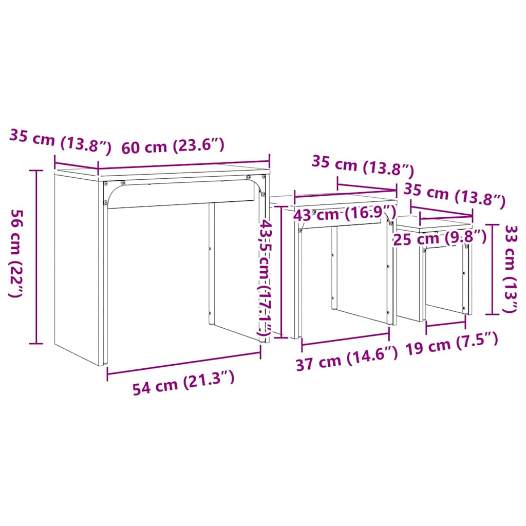 Mesa de Café Empilhável 3 pcs Carvalho preto 60 x 35 x 56 cm