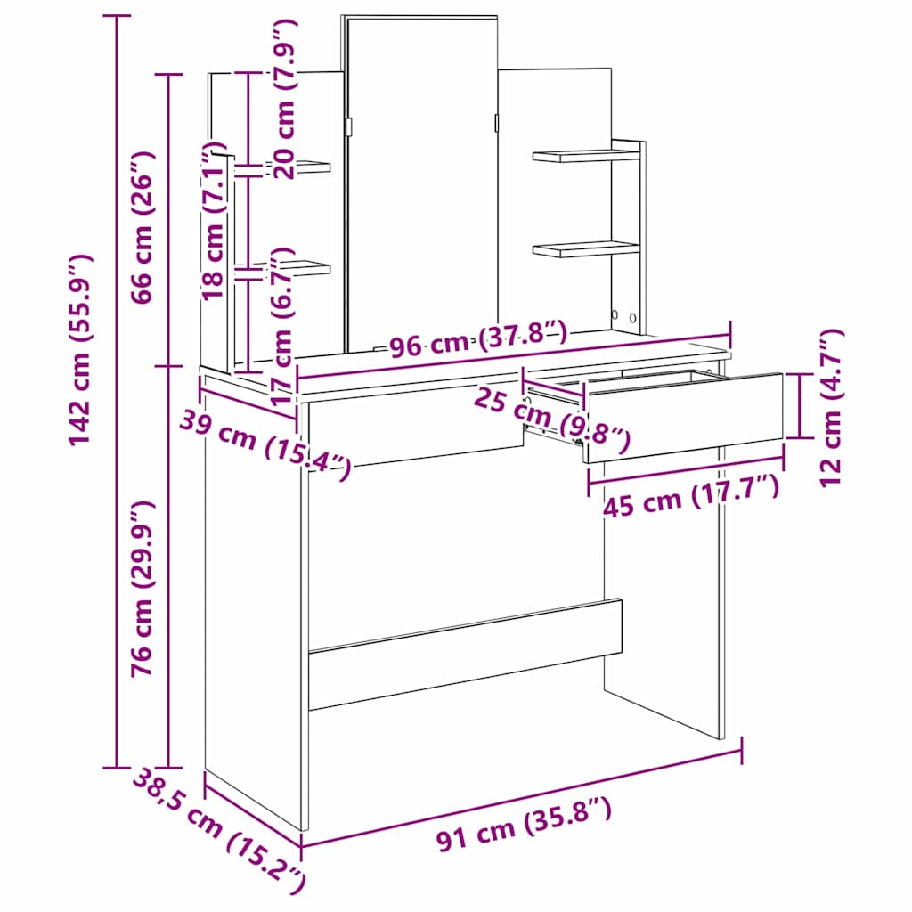 Mesa de vestir com gaveta Carvalho Preto 96 x 39 x 142 cm