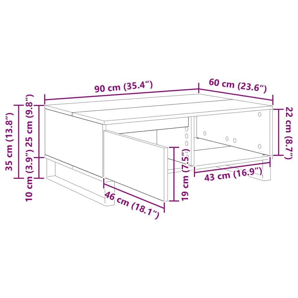 Mesa de centro Carvalho Artesanal 90 x 60 x 35 cm