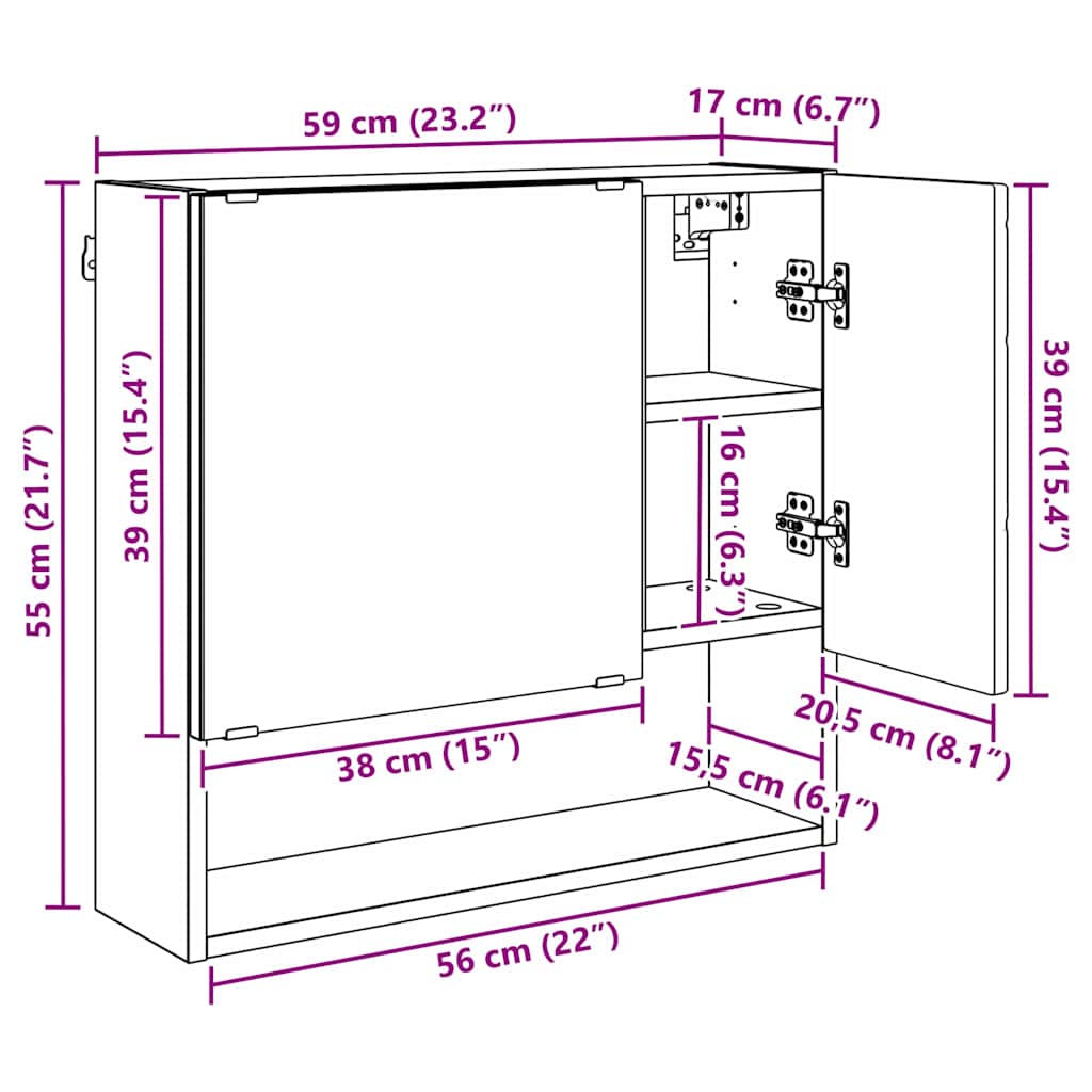 Armário de Espelho com porta carvalho artisiano 59 x 17 x 55 cm