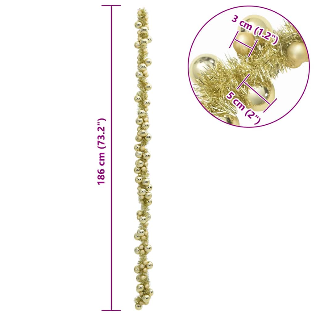 Guirlanda de Bolas de Natal Ouro 186 cm Poliestireno