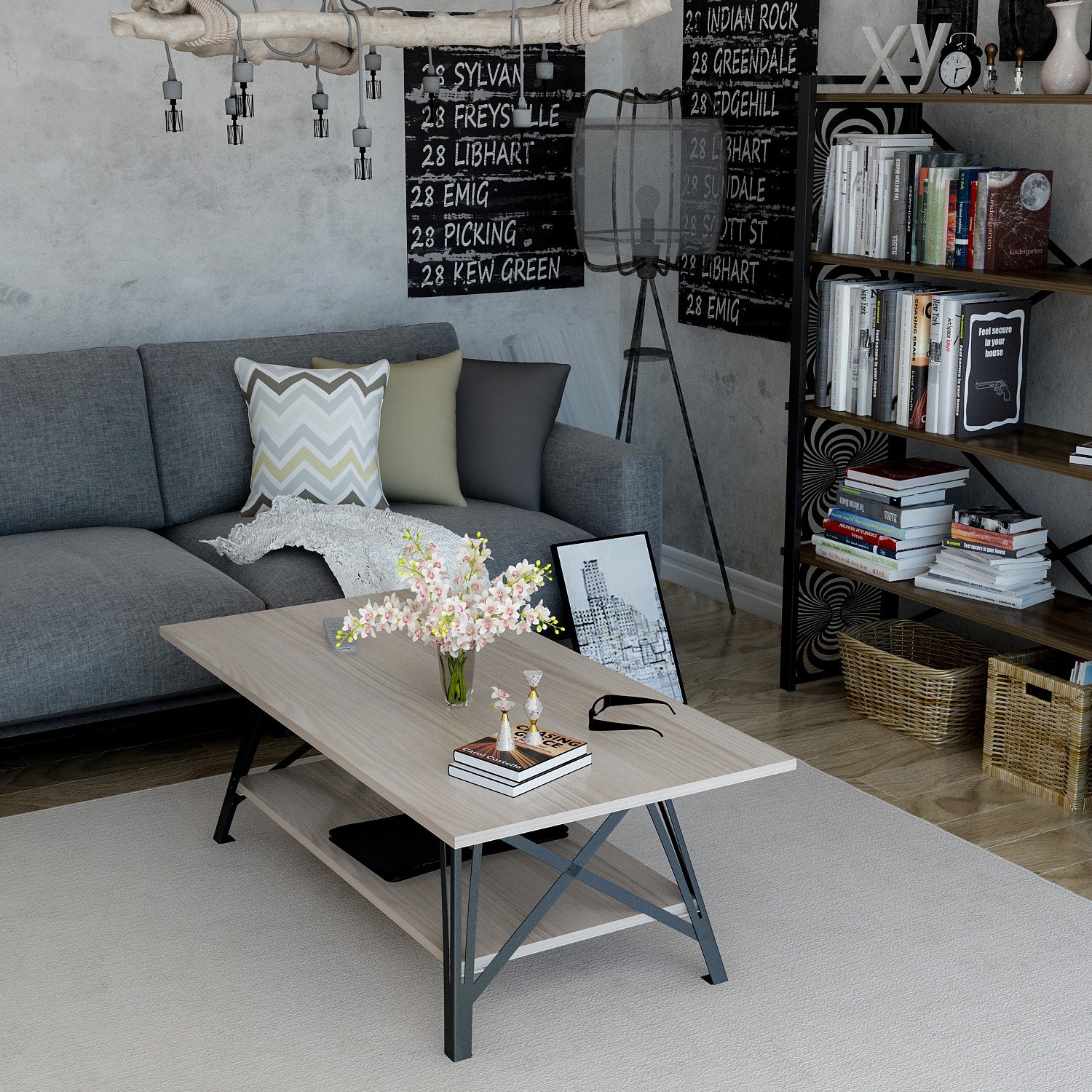 Mesa de Centro Preta Córdoba com 2 Prateleiras e Estrutura Metálica - 120cm de Largura com Arrumação Extra