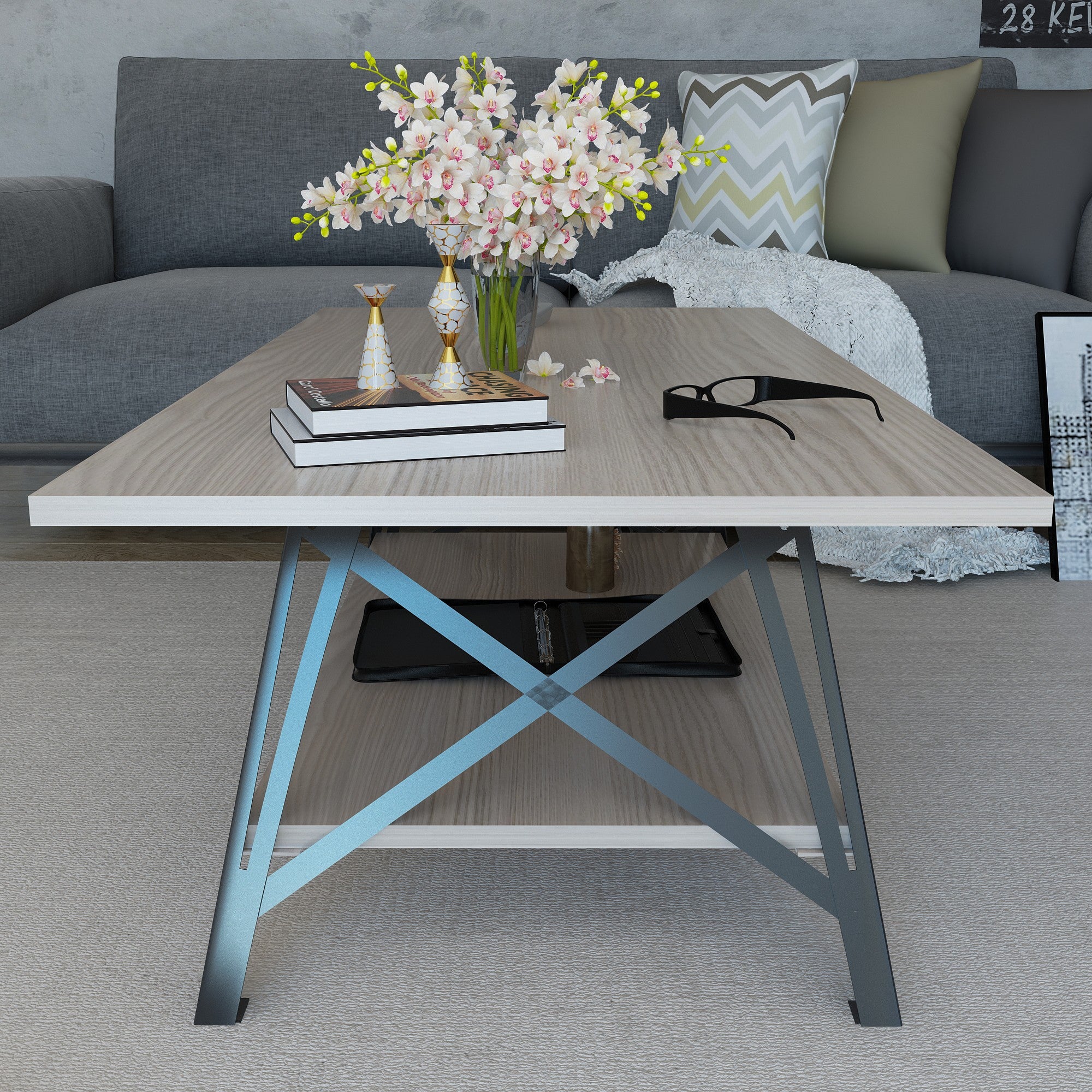 Mesa de Centro Preta Córdoba com 2 Prateleiras e Estrutura Metálica - 120cm de Largura com Arrumação Extra