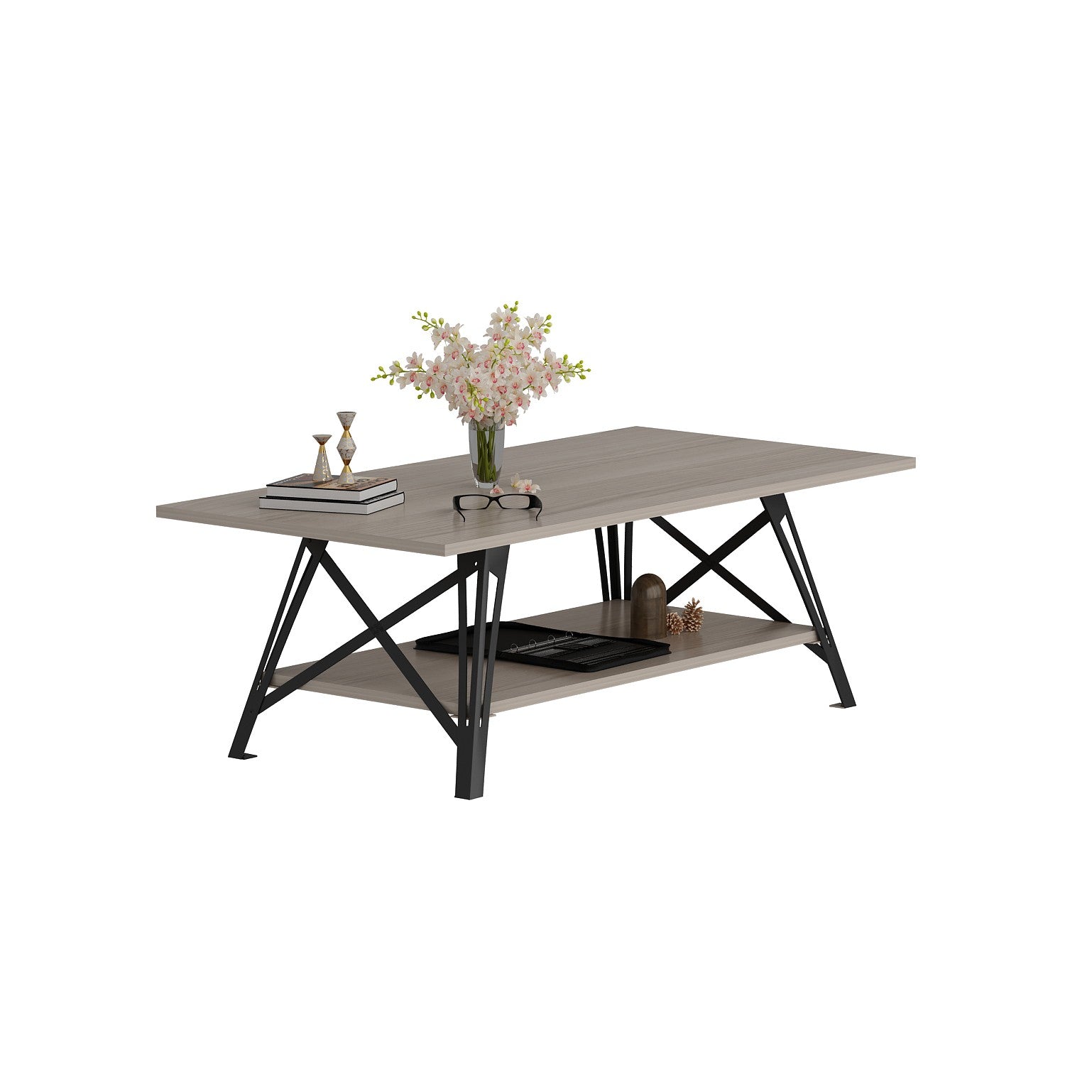 Mesa de Centro Preta Córdoba com 2 Prateleiras e Estrutura Metálica - 120cm de Largura com Arrumação Extra