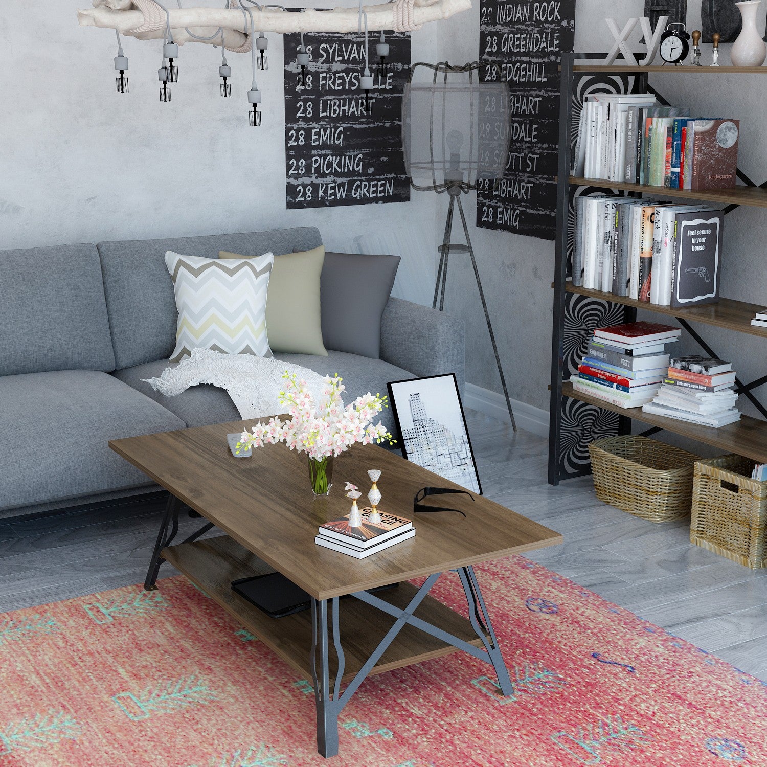 Mesa de Centro Moderna com 2 Prateleiras - Nogueira e Preto com Estrutura Metálica e Arrumação Extra