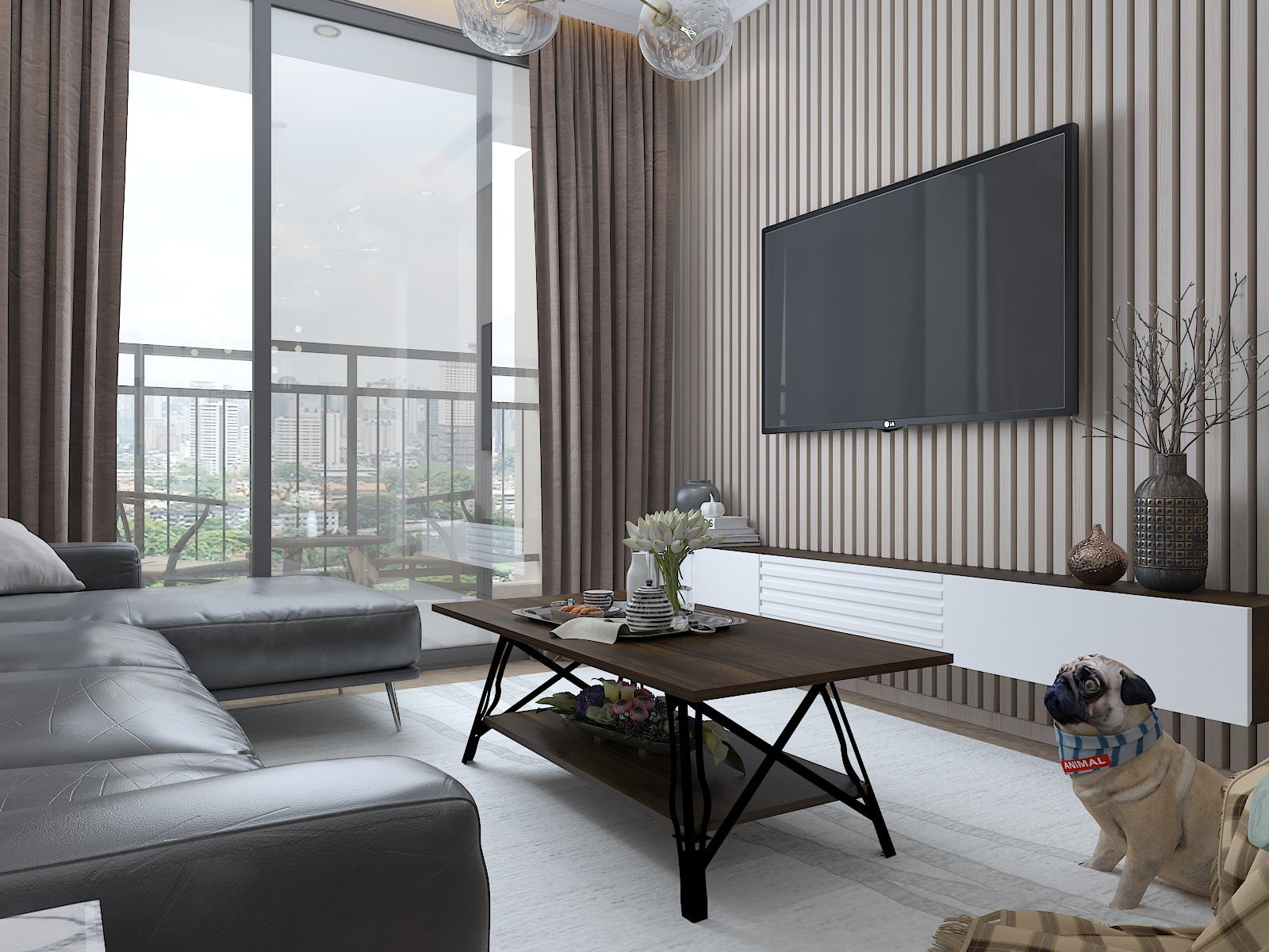 Mesa de Centro Moderna com 2 Prateleiras - Nogueira e Preto com Estrutura Metálica e Arrumação Extra