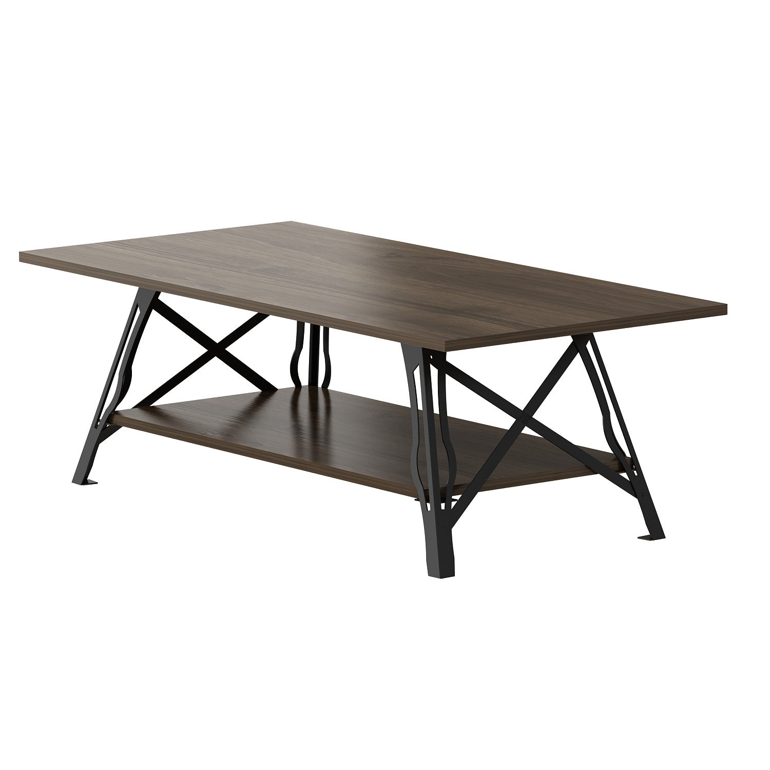 Mesa de Centro Moderna com 2 Prateleiras - Nogueira e Preto com Estrutura Metálica e Arrumação Extra