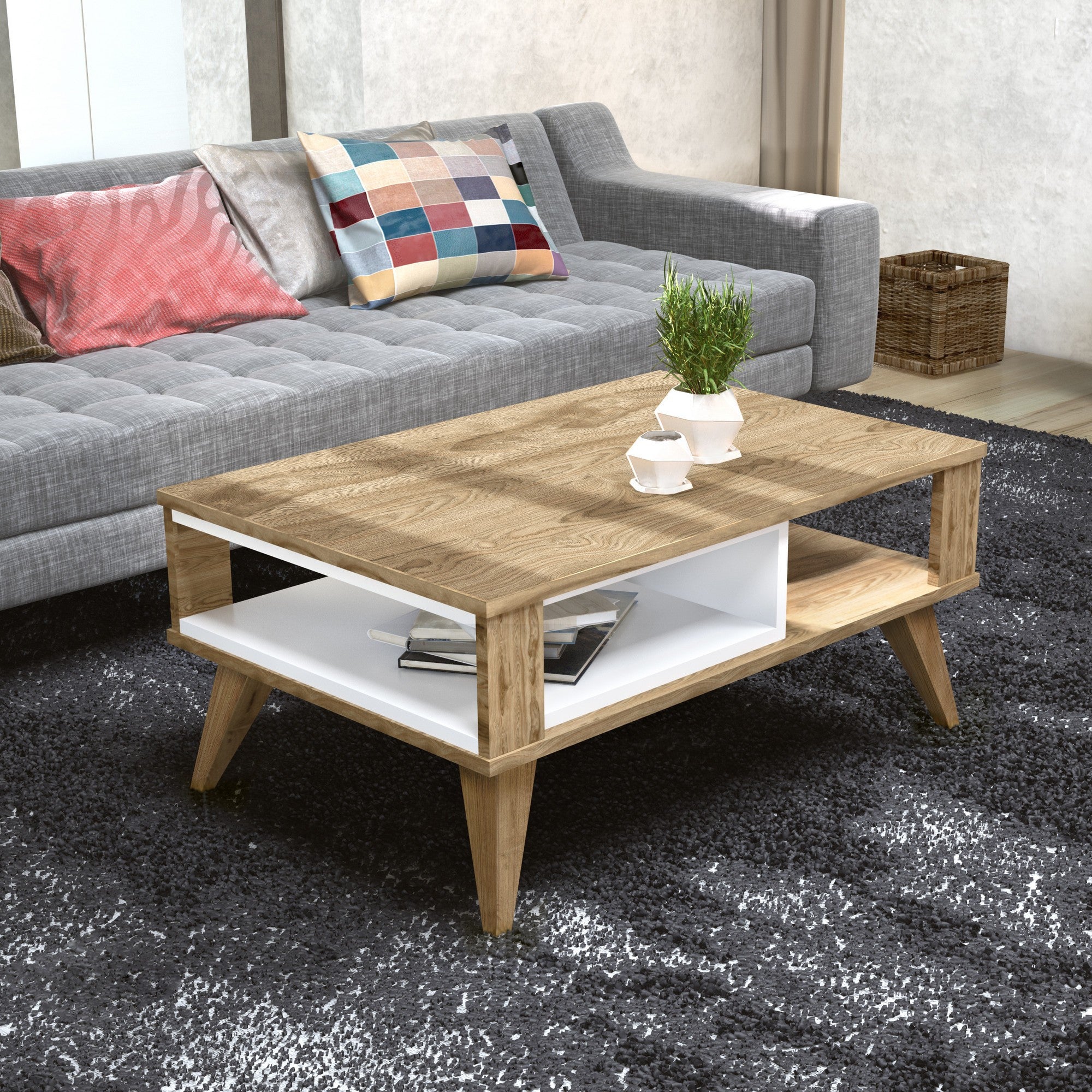 Mesa de Centro Moderna, Carvalho e Branco, 90 x 60 x 40 cm | Painel de Partículas 100% Revestido em Melamina, 18 mm de Espessura | Multiuso com Armazenamento Adicional, Design Escandinavo