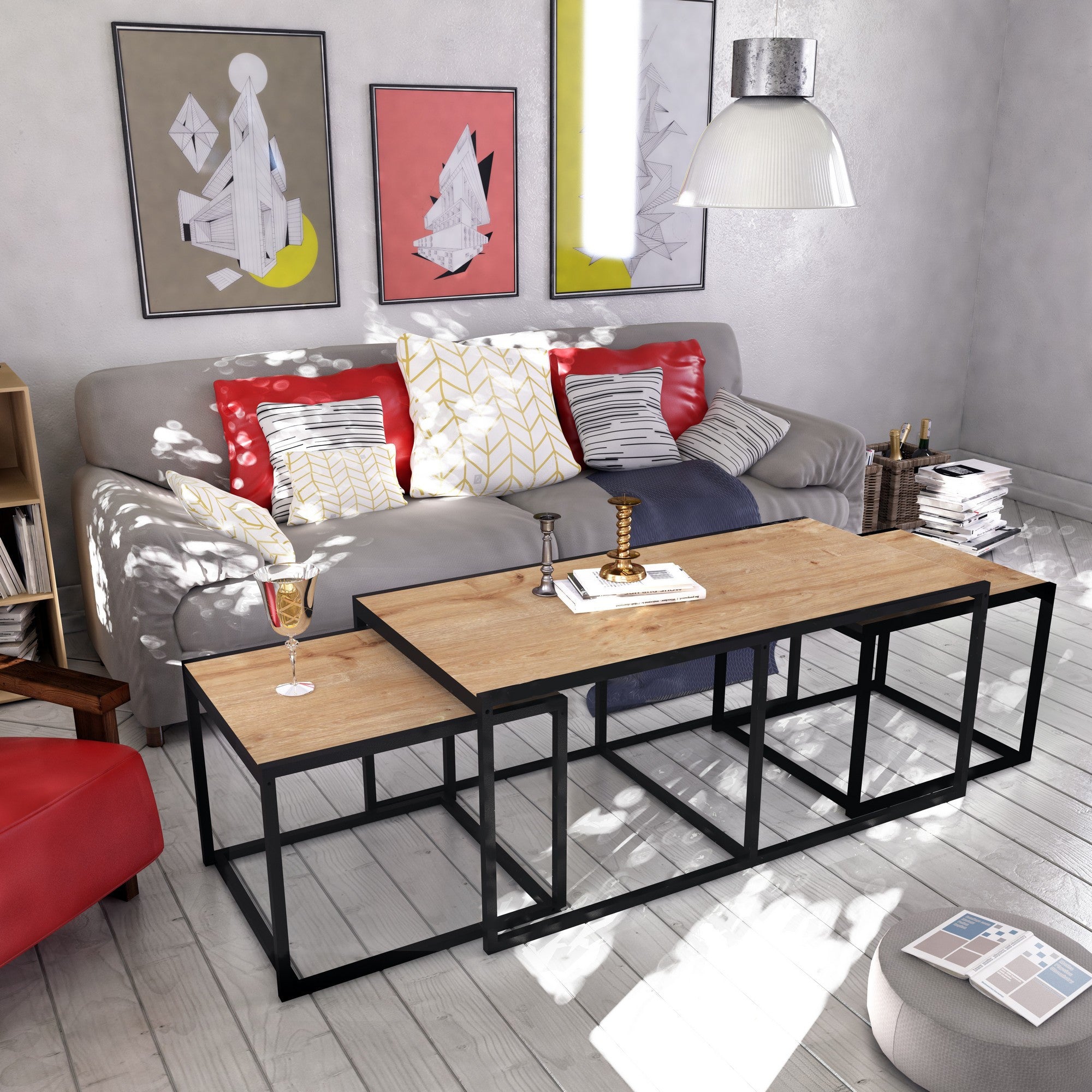 Mesa de Centro Extensível Moderna com 2 Mesas Laterais, Carvalho e Preto, 120x60x50 cm | Revestimento 100% Melamina, Estrutura de Metal, Armazenamento Adicional | Elegante e Funcional